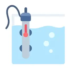 Glass aquarium heater with temperature dial and suction cups in aquarium